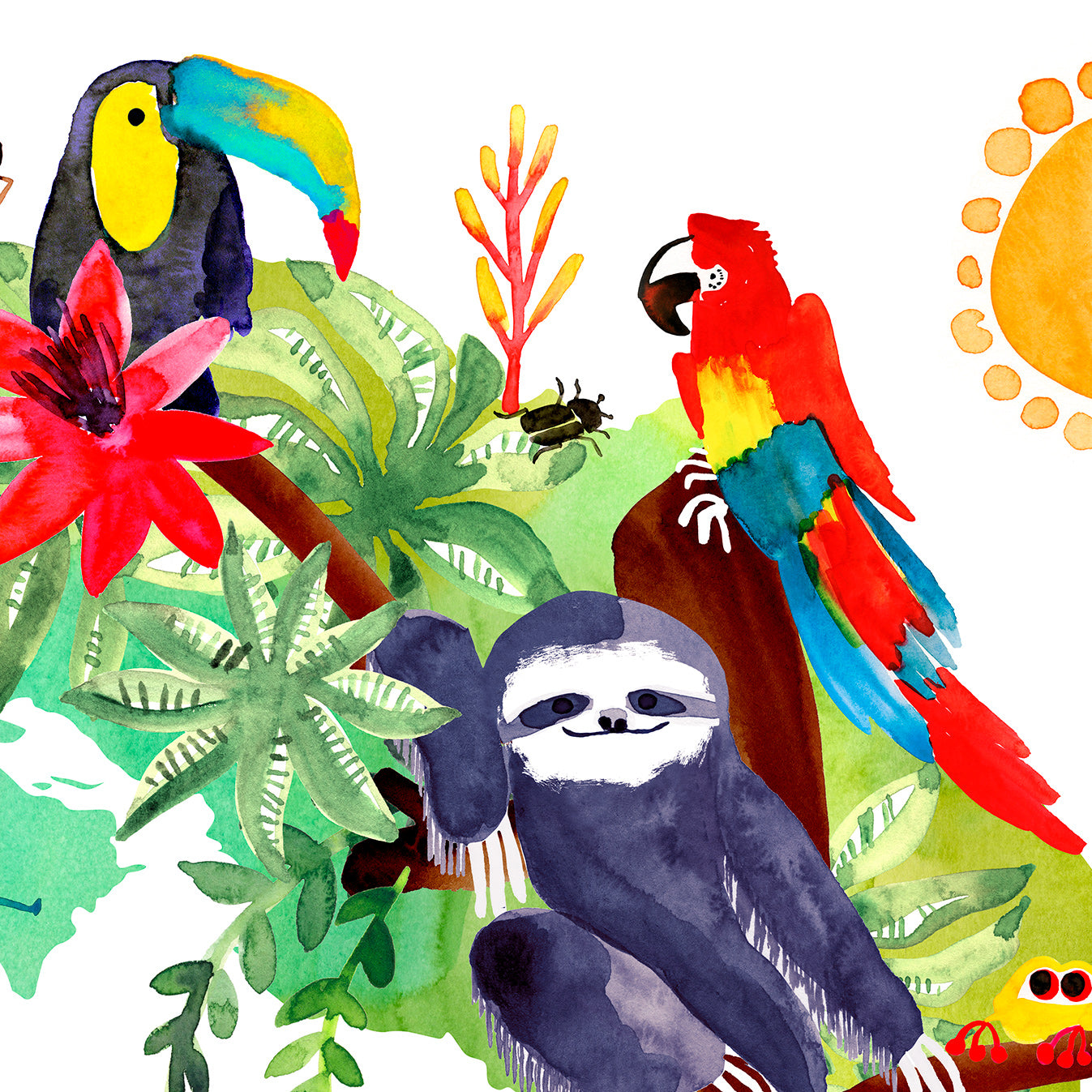 a painting of a group of tropical birds