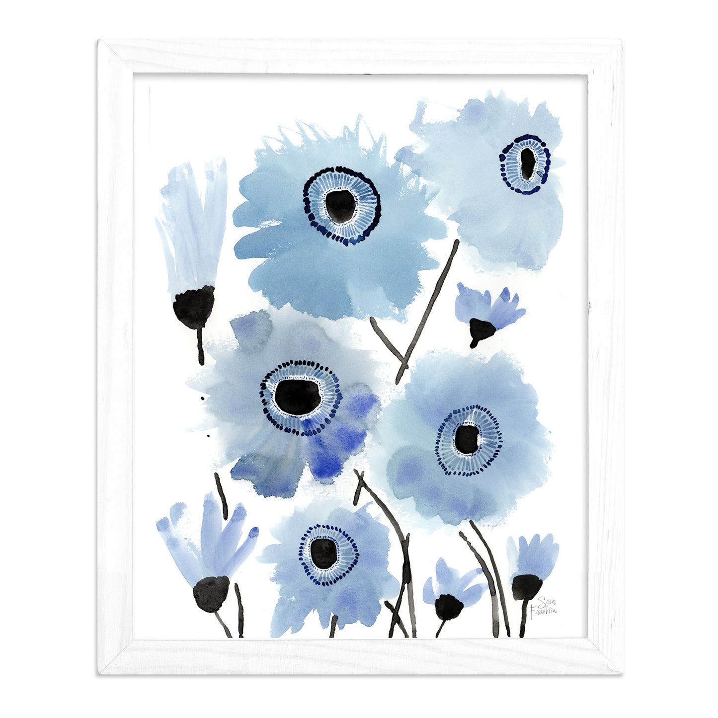 a painting of blue flowers on a white background