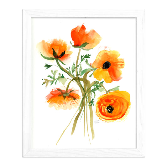 a watercolor painting of orange and yellow flowers