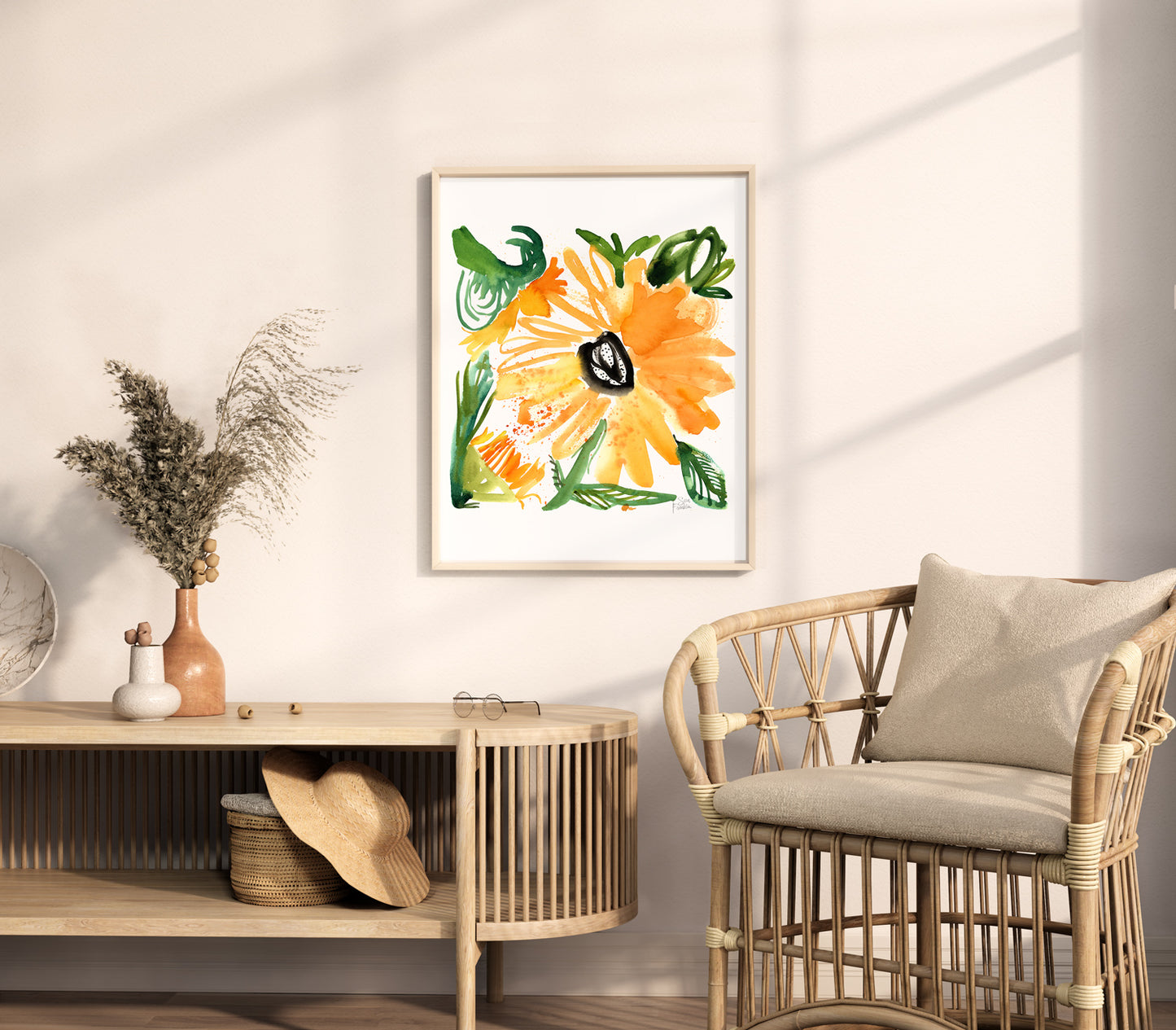 a picture of a sunflower on a white wall