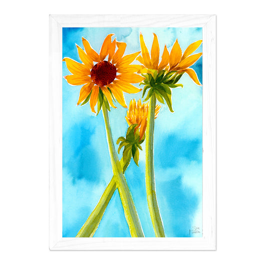 a painting of two yellow flowers against a blue sky