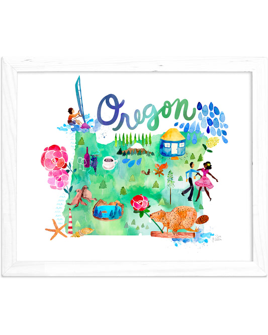 a watercolor map of oregon with the words oregon on it