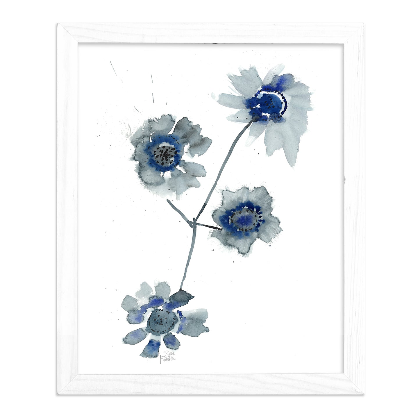 a painting of three blue and white flowers