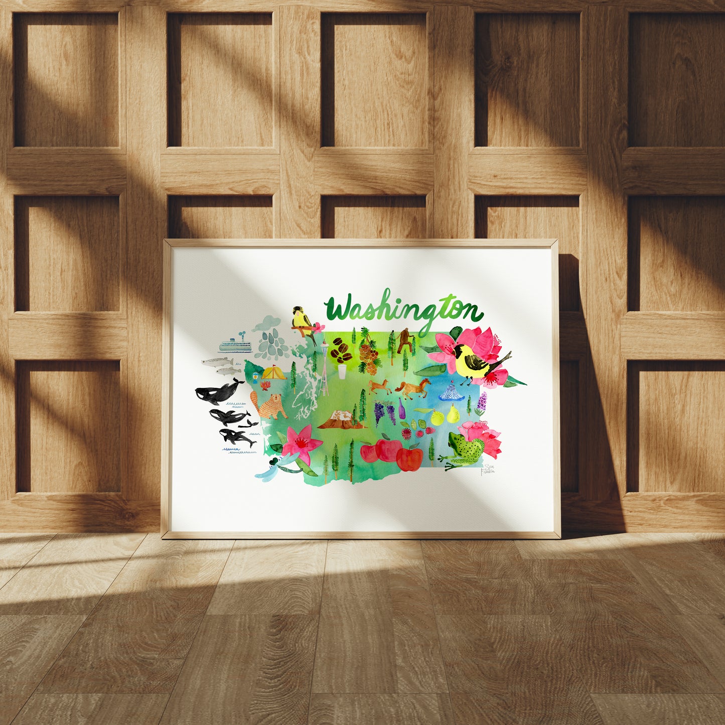 a picture of a wood paneled wall with a picture of a wood paneled