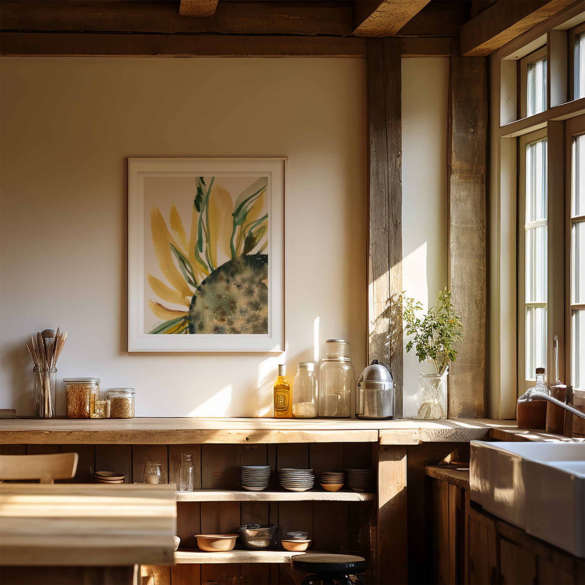 a cozy kitchen with a wooden counter, a sink, and various kitchen items such as jars, bottles, and a vase. A framed picture of a sunflower hangs on the wall, and the room is illuminated by natural light coming through a window.