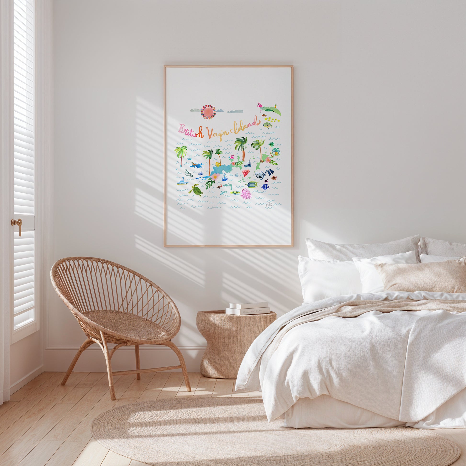 a bedroom with a bed, chair and a picture on the wall