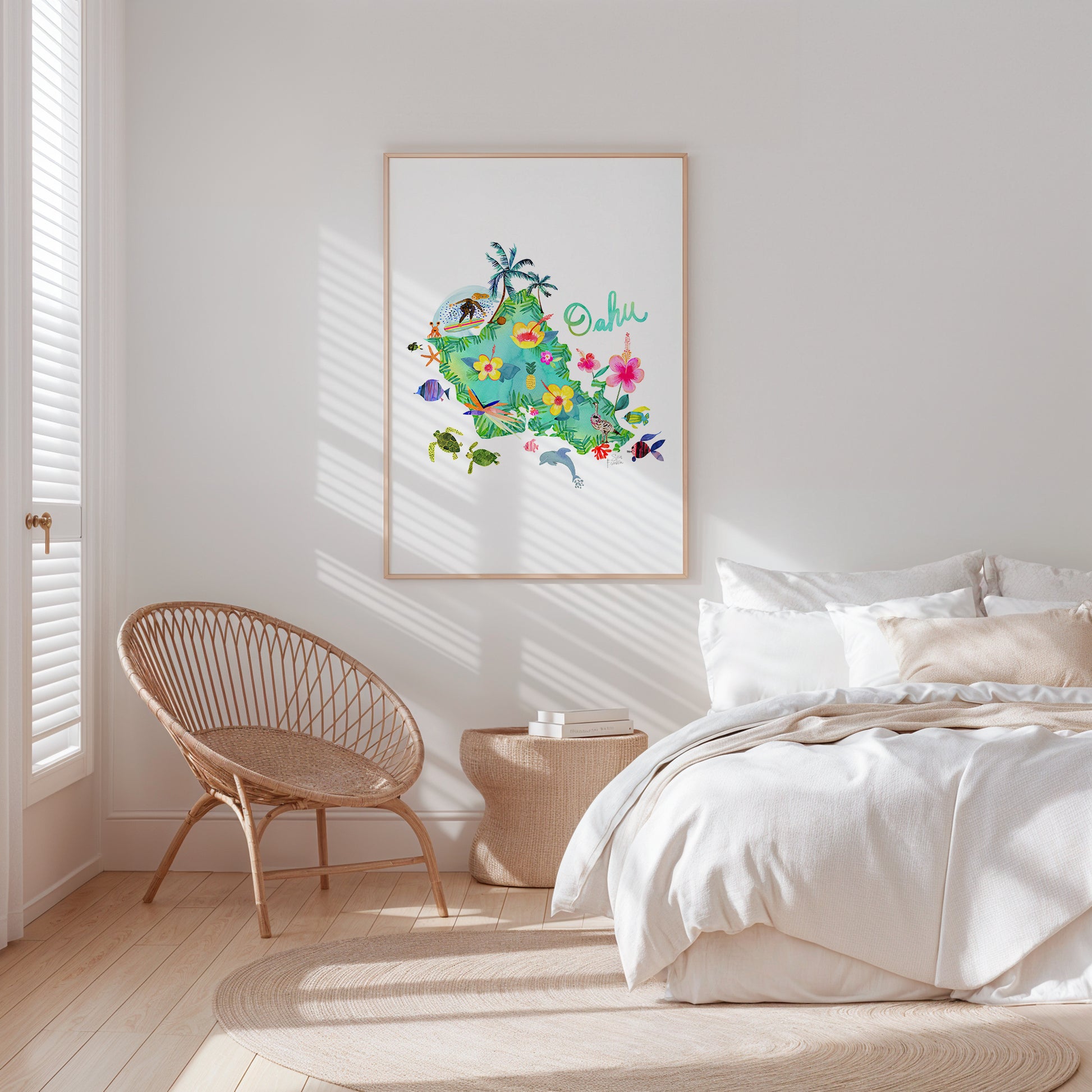 a bedroom with a bed, chair and a picture on the wall