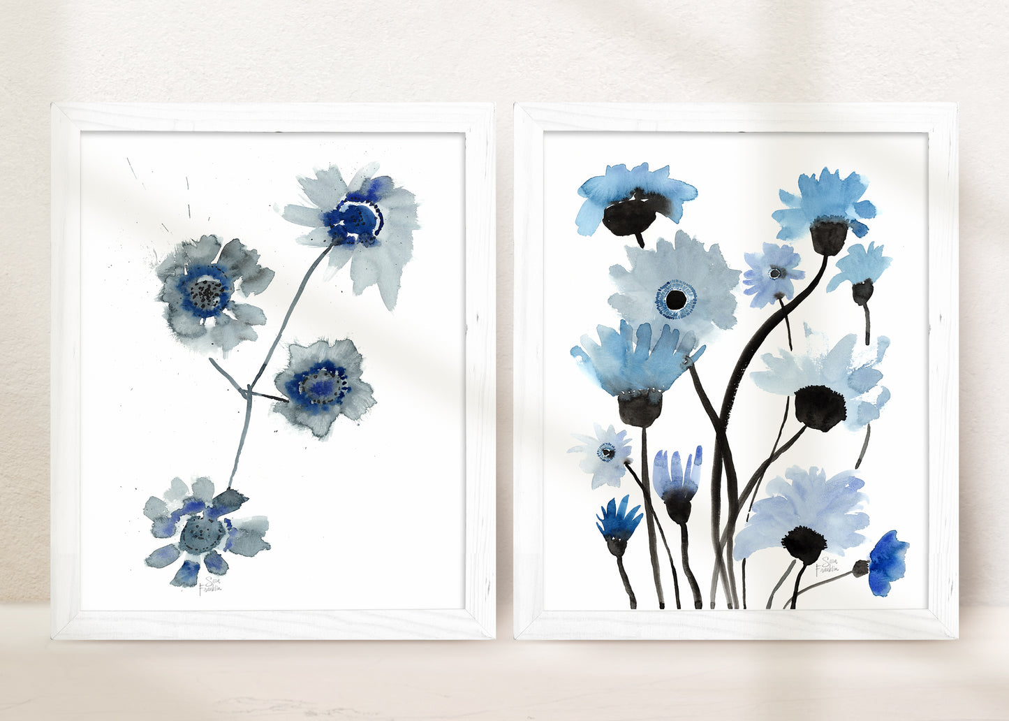 Forever Blue Florals Diptych Art Print Set of 2 by Sara Franklin
