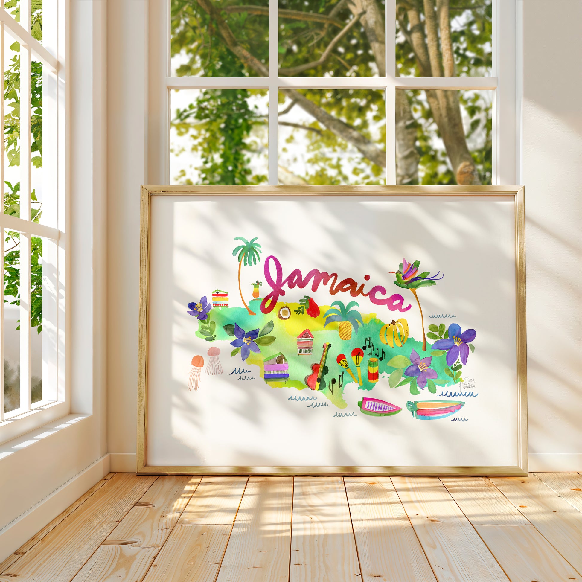 a picture of a window with a picture of jamaica on it