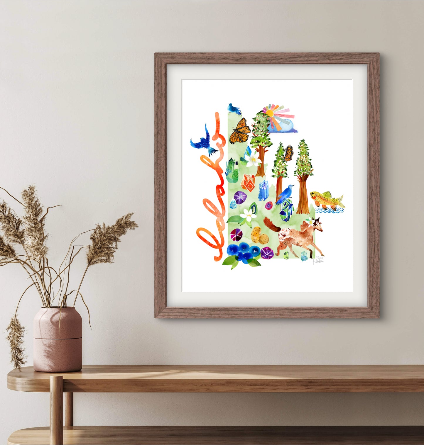 a watercolor painting of a forest with birds and flowers