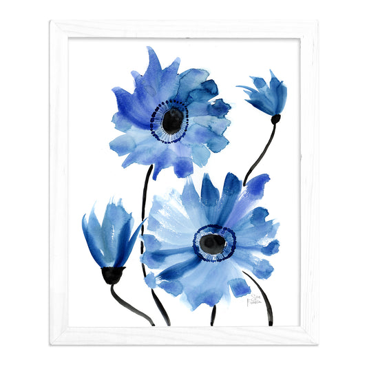 a painting of blue flowers on a white background