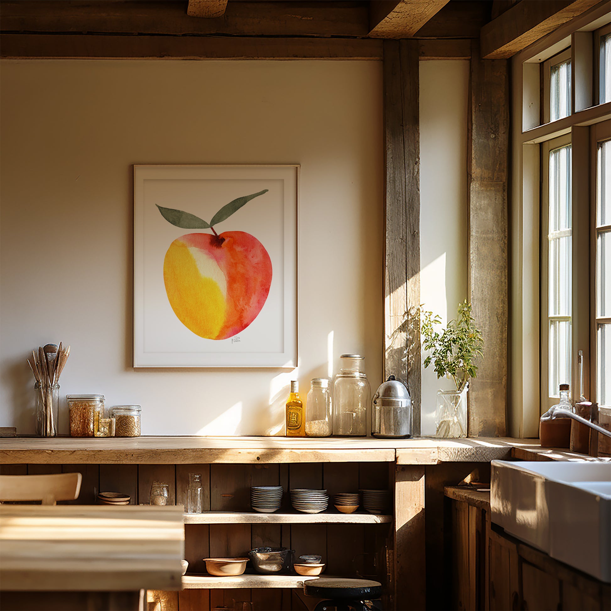 a cozy kitchen with a wooden counter, a sink, and various kitchen items such as jars, bottles, and a vase. A framed watercolor painting of a peach is hanging on the wall above the counter, adding a touch of color and art to the space.
