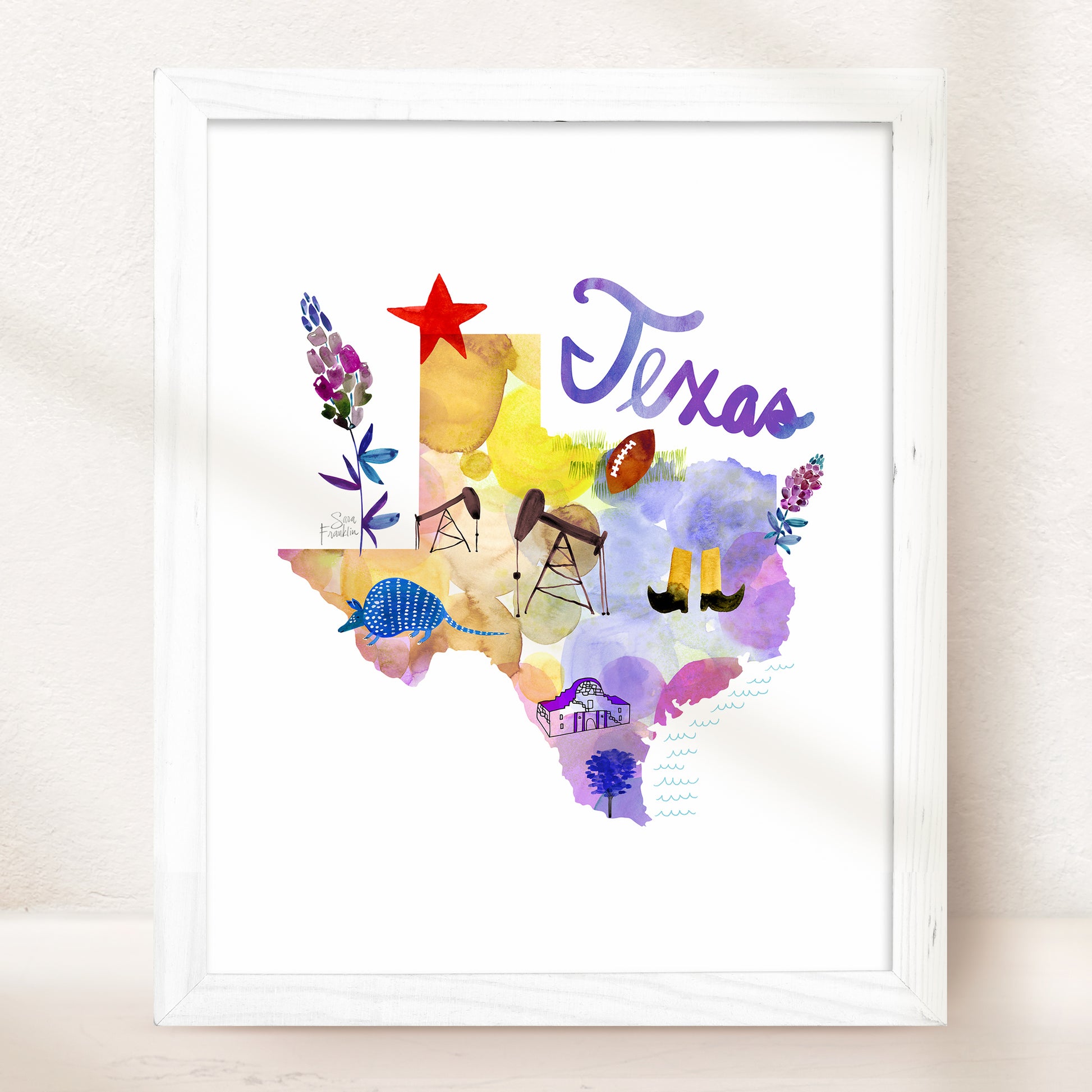 a watercolor map of texas with the words texas painted on it