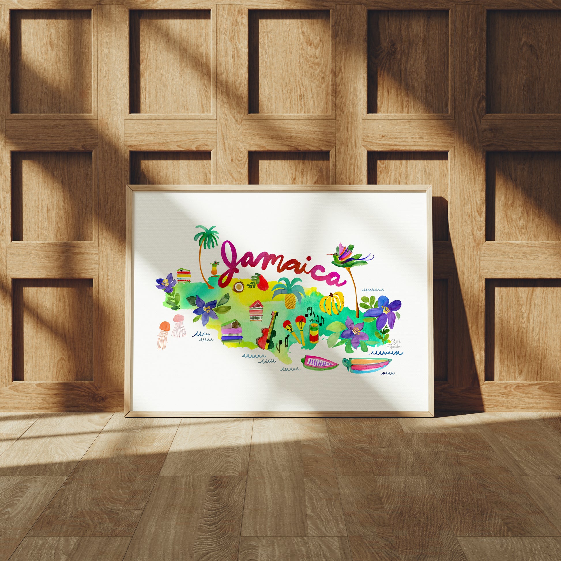 a picture of jamaica on a wooden wall