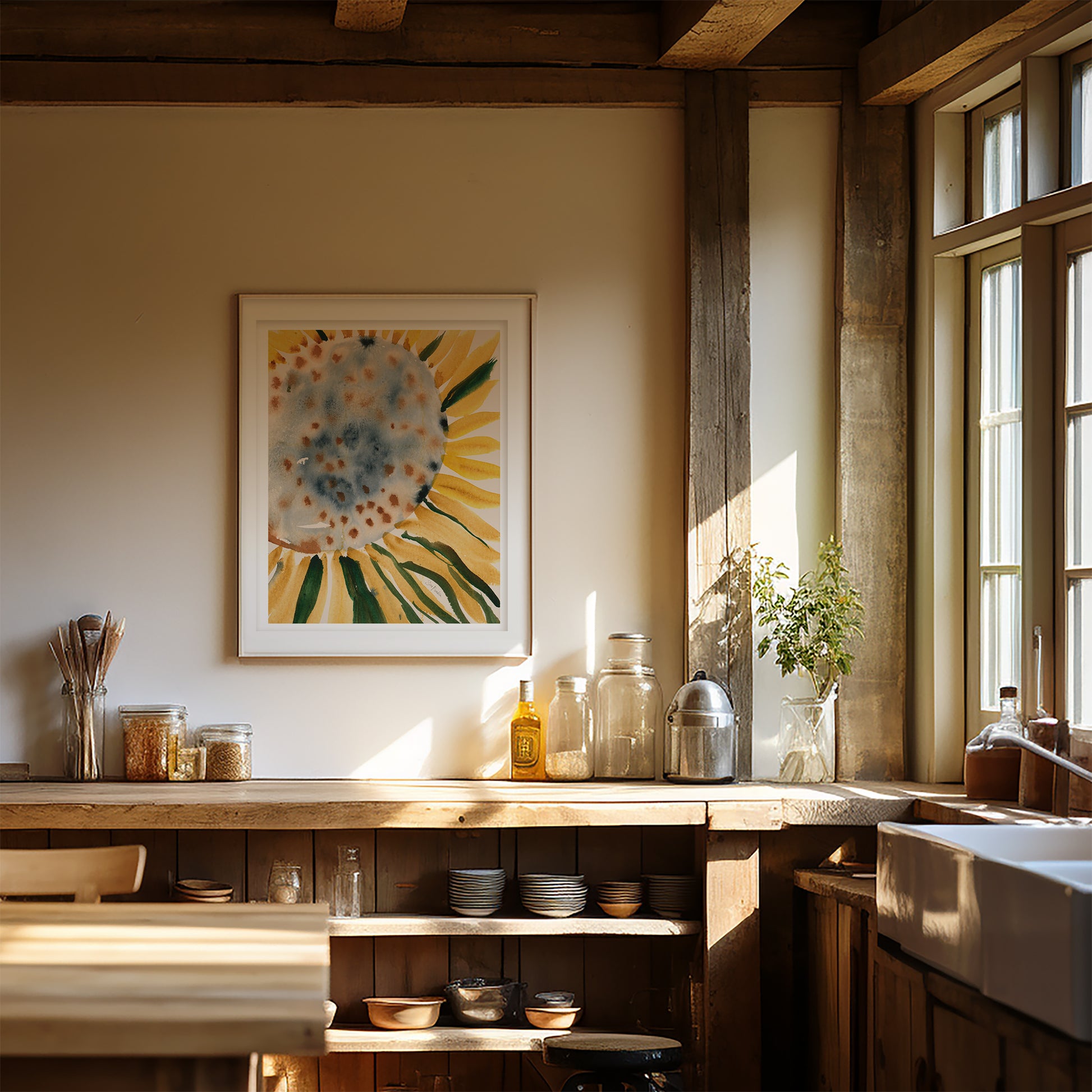 a cozy kitchen with a wooden counter, a sink, and various kitchen items such as jars, bottles, and a vase. A framed picture of a sunflower hangs on the wall, and the room is illuminated by natural light coming through a window.
