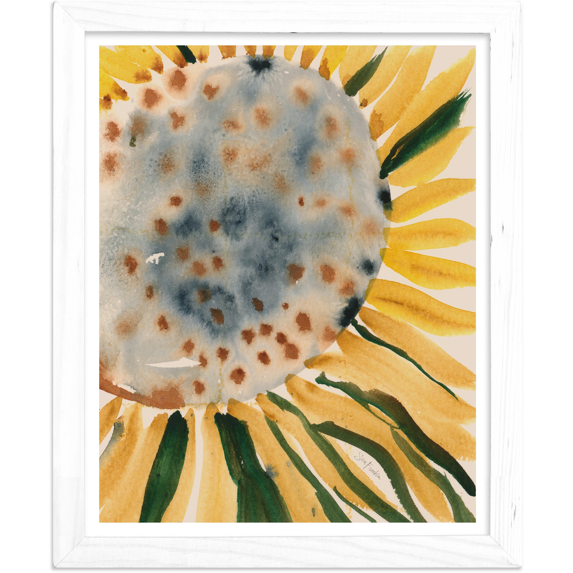 The image is a framed watercolor painting depicting a close-up view of a sunflower.