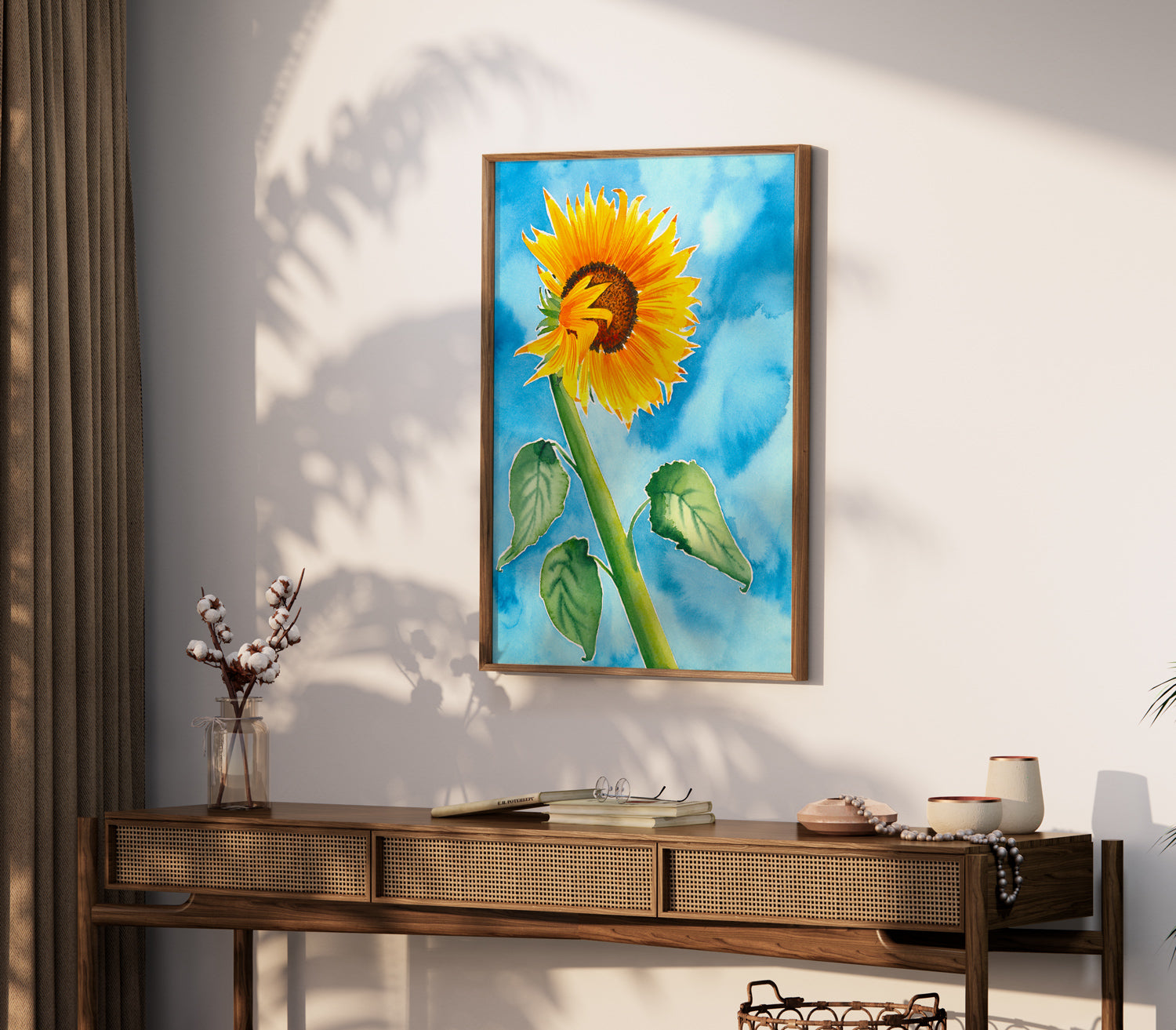 a painting of a sunflower on a white wall