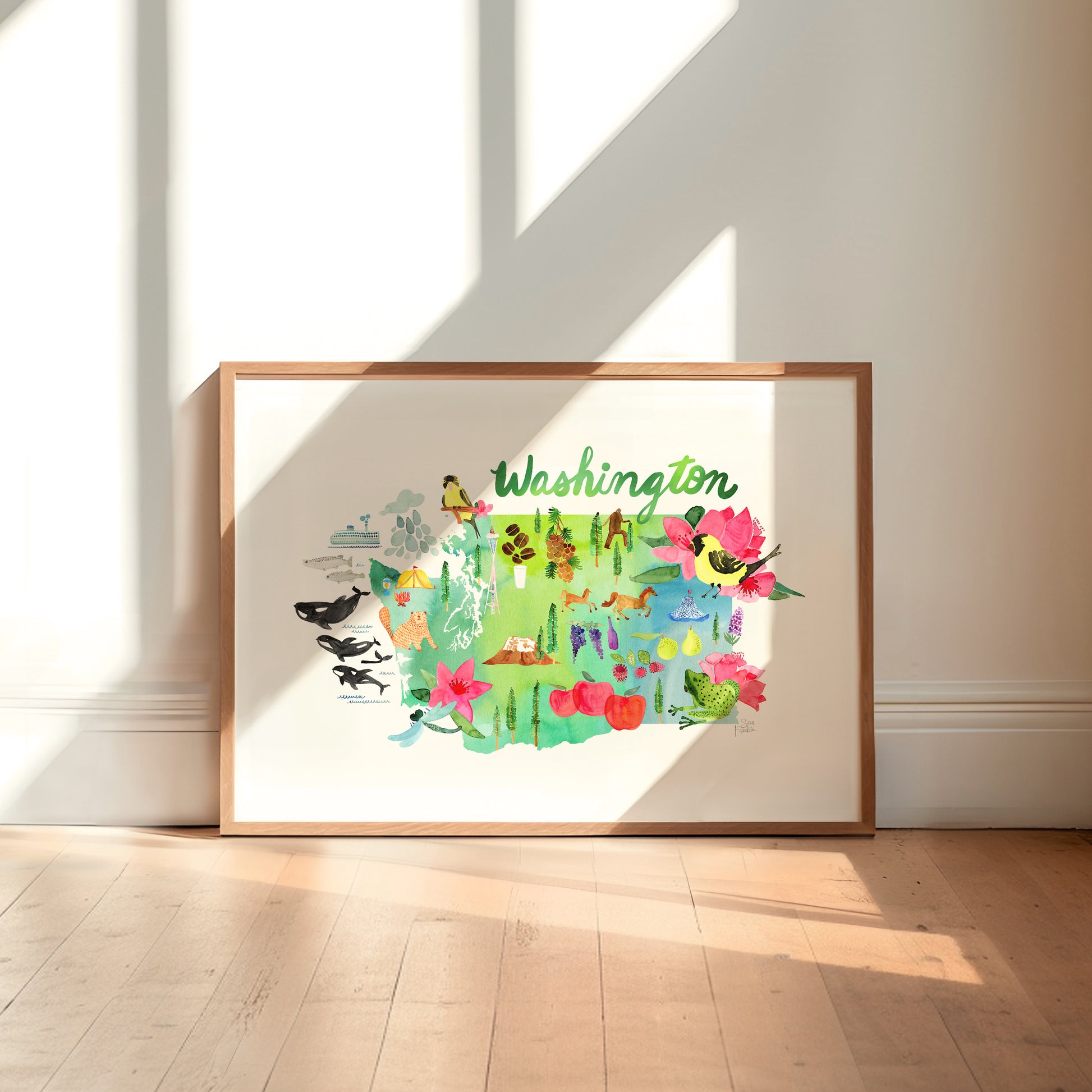 a picture frame with a watercolor map of the united states