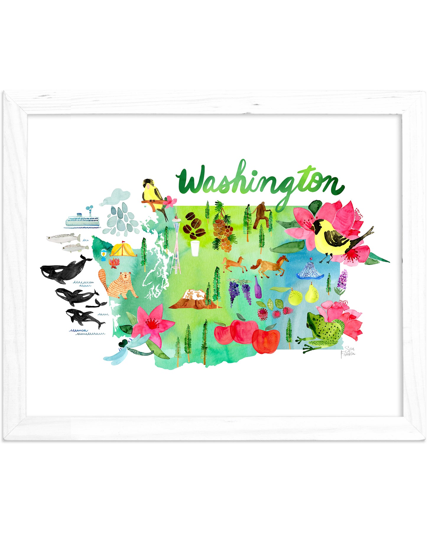 a watercolor map of washington with birds and flowers
