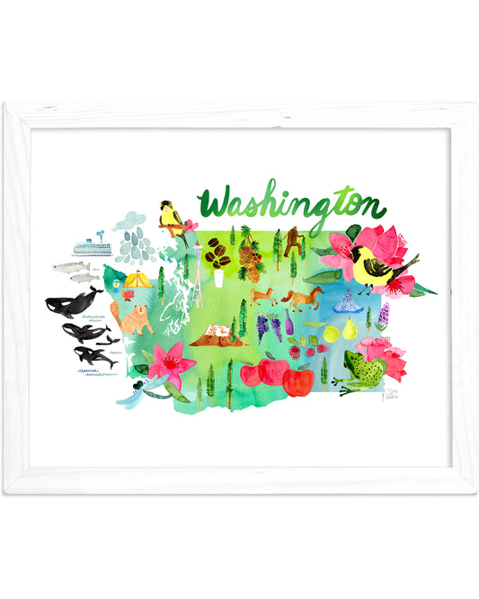 a watercolor map of washington with birds and flowers