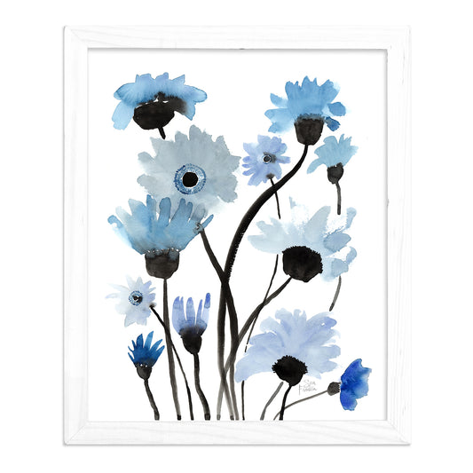 a painting of blue and white flowers on a white background