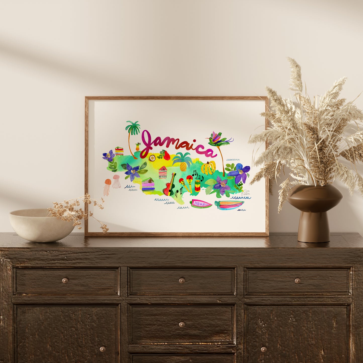 a wooden dresser with a vase of flowers on top of it