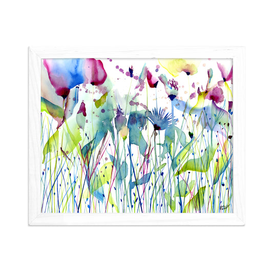 a watercolor painting of flowers and grass