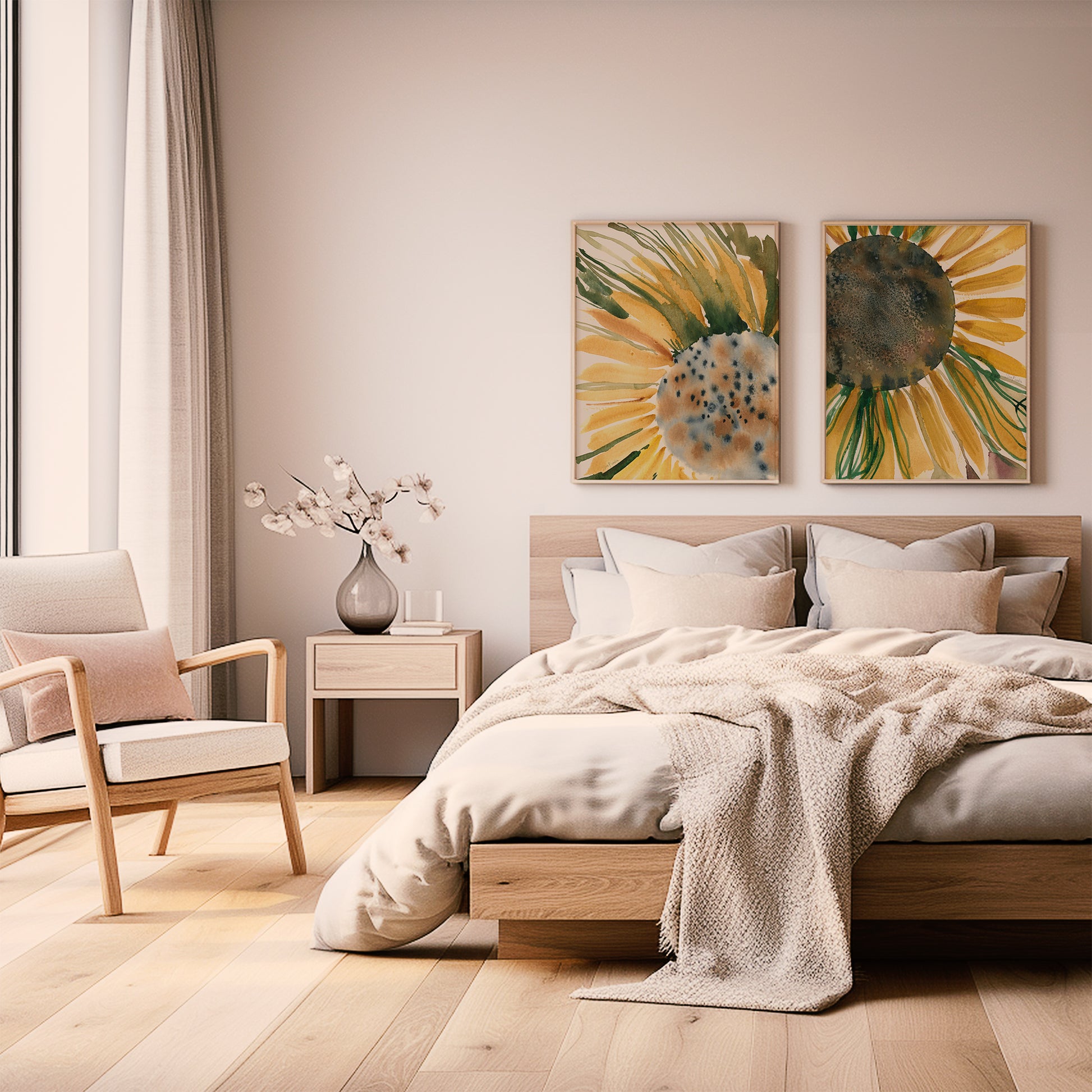 a serene and cozy bedroom with a large bed, a wooden nightstand, and a chair. The room has a neutral color palette with a large sunflower painting on the wall, adding a touch of warmth and natural beauty to the space.
