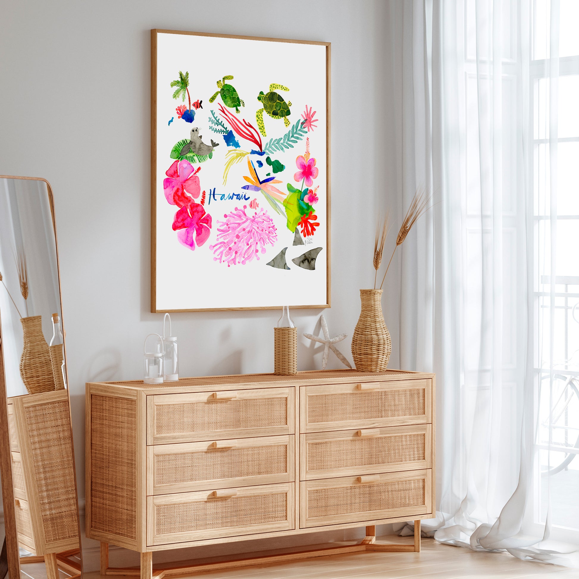 a picture hanging on a wall above a dresser
