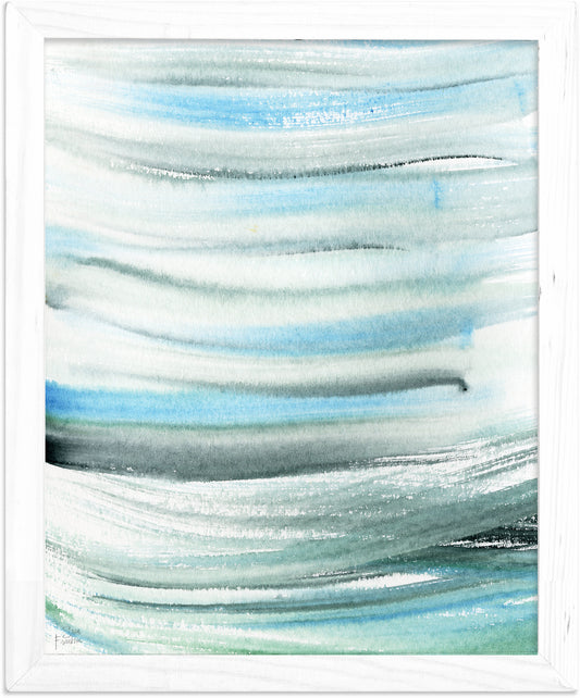 a watercolor painting of a blue and white wave