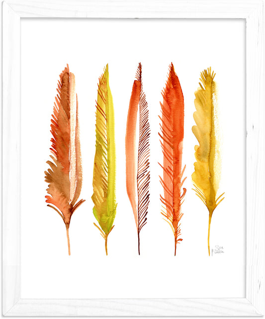a painting of four different colored feathers