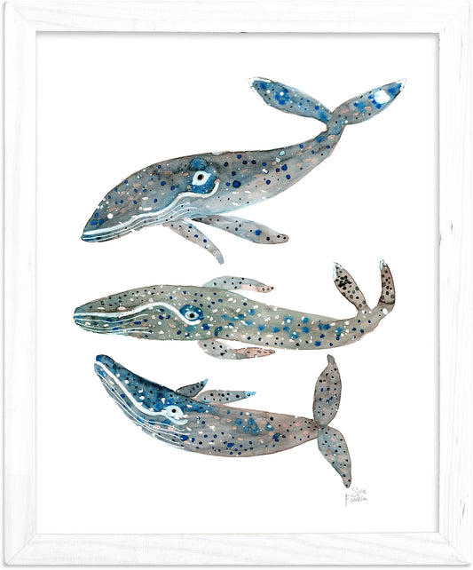 a painting of three blue whales in a white frame