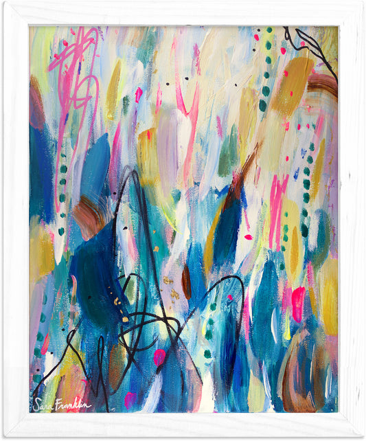 an abstract painting with blue, yellow, and pink colors