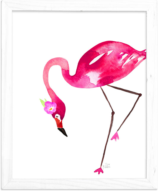 a watercolor painting of a pink flamingo