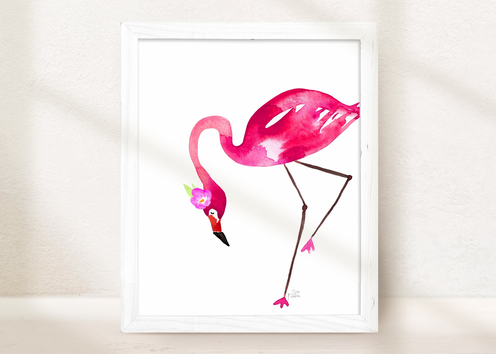 a watercolor painting of a pink flamingo