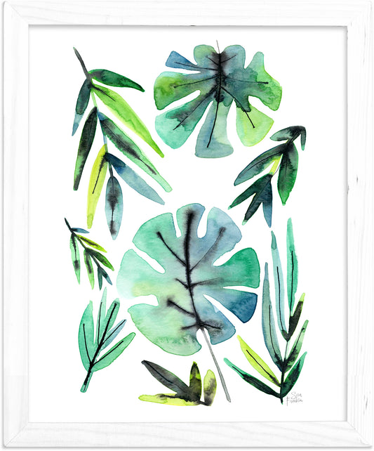 a watercolor painting of green leaves on a white background