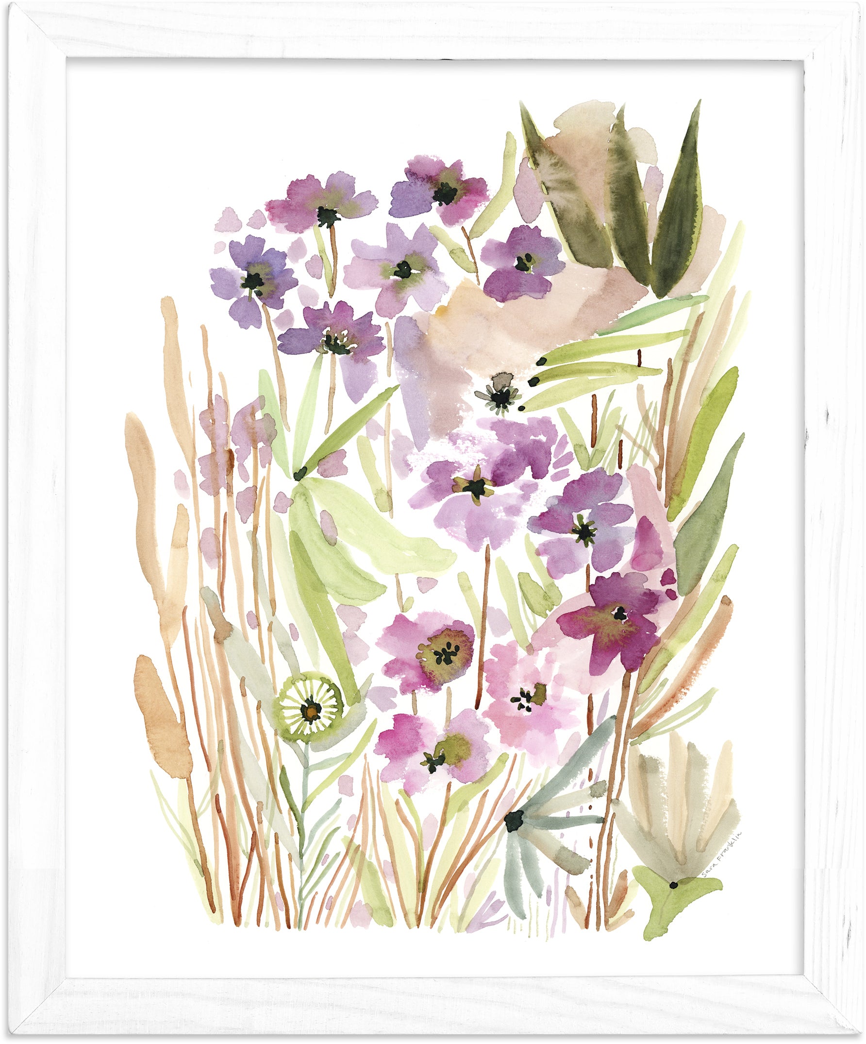 a watercolor painting of purple flowers and green leaves