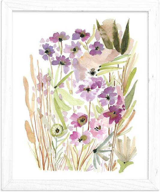 a watercolor painting of purple flowers and green leaves