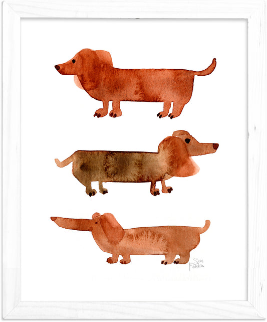 three watercolor dachshunds on a white background