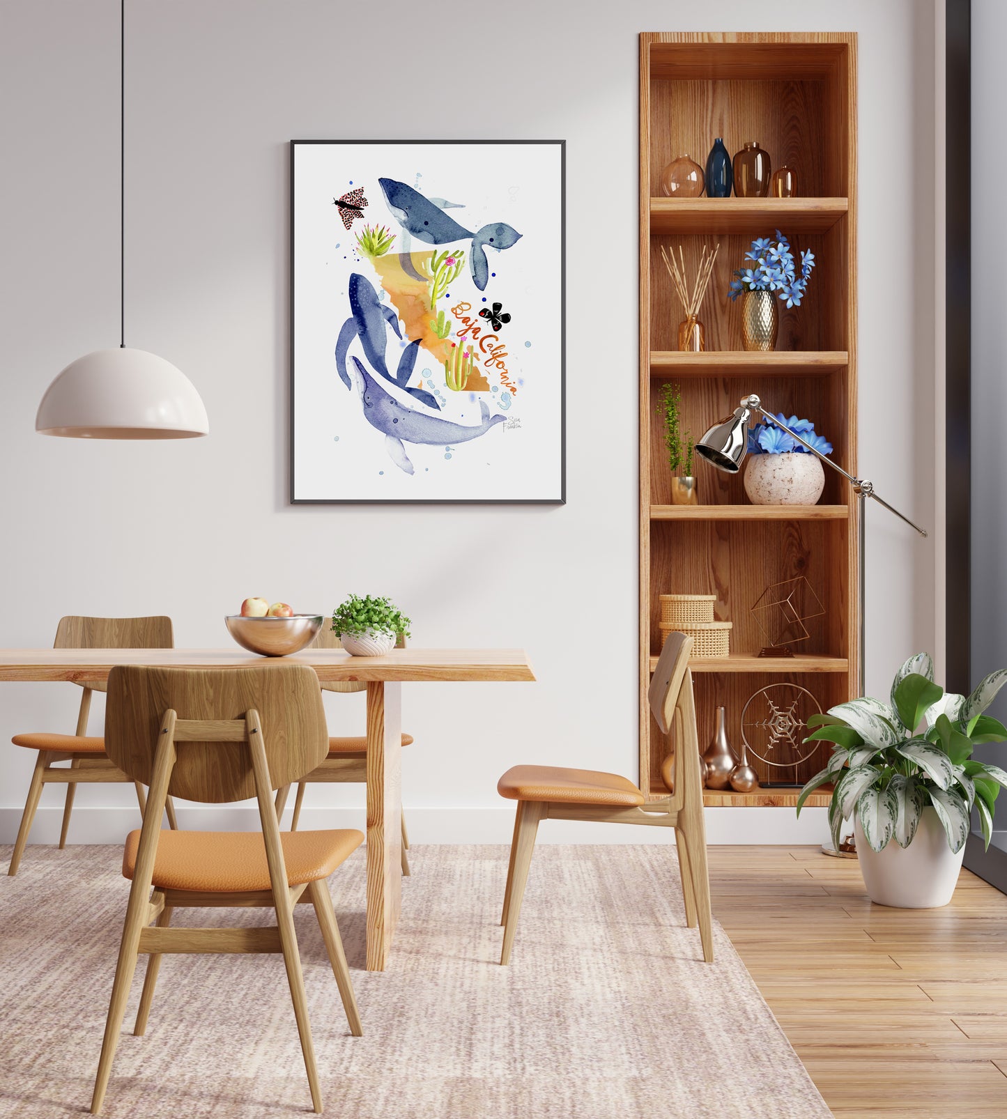 a dining room with a book shelf and a painting on the wall